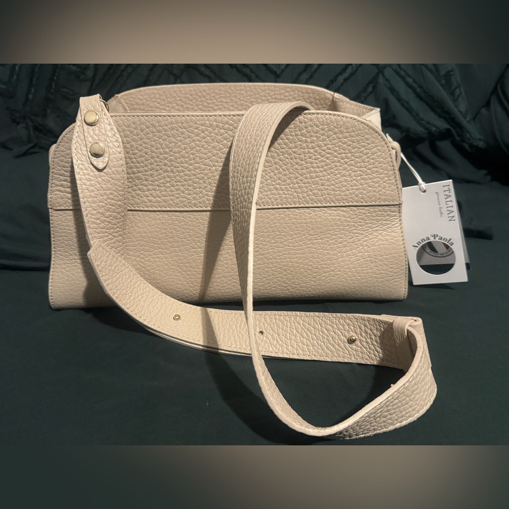 Anna Paola Italian Leather Handbag Shoulder Strap Suede Sides Cream Tan Italy